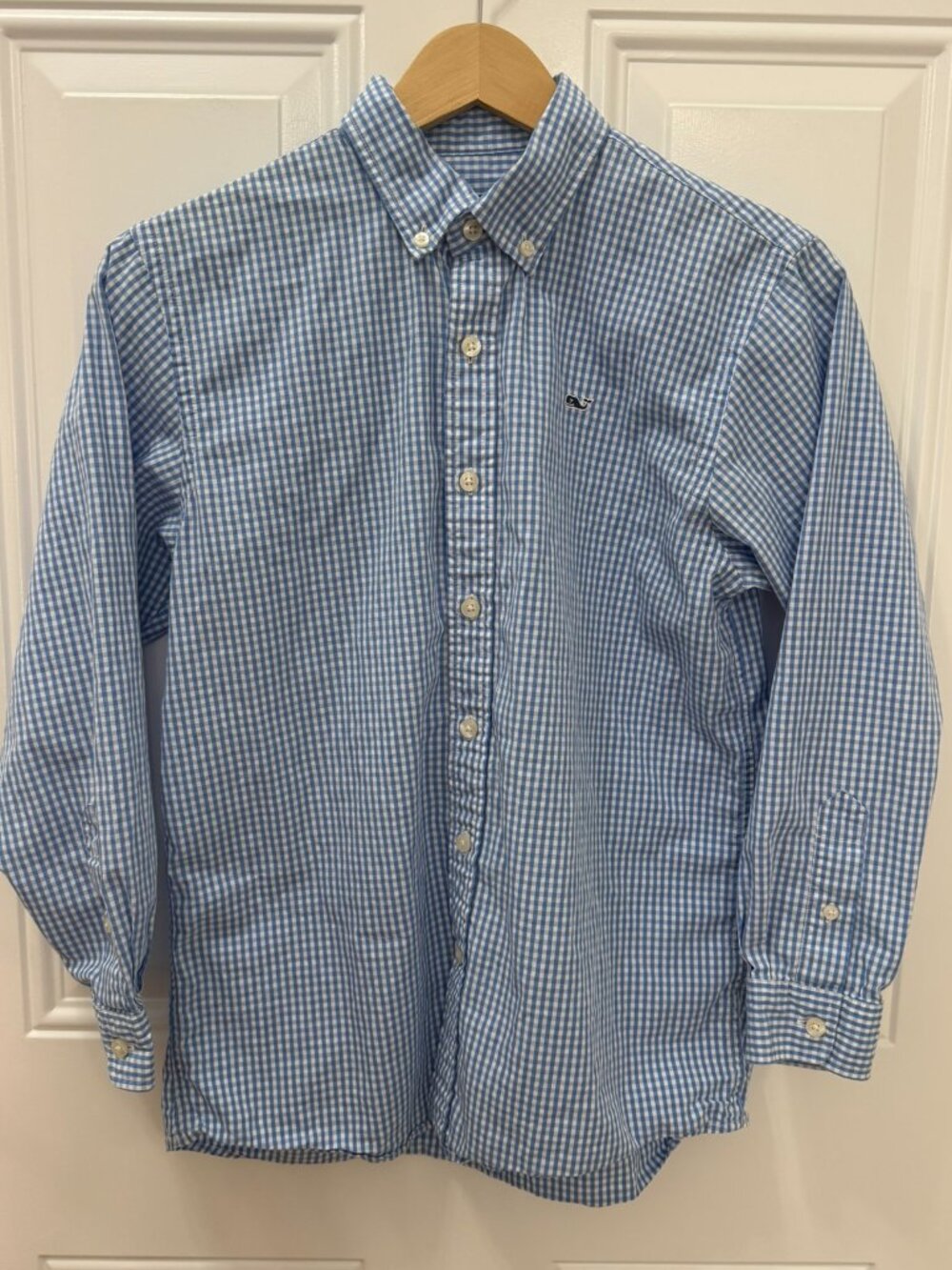 Vineyard Vines Boys Blue Gingham Whale Button-Down Shirt Size M (12-14)